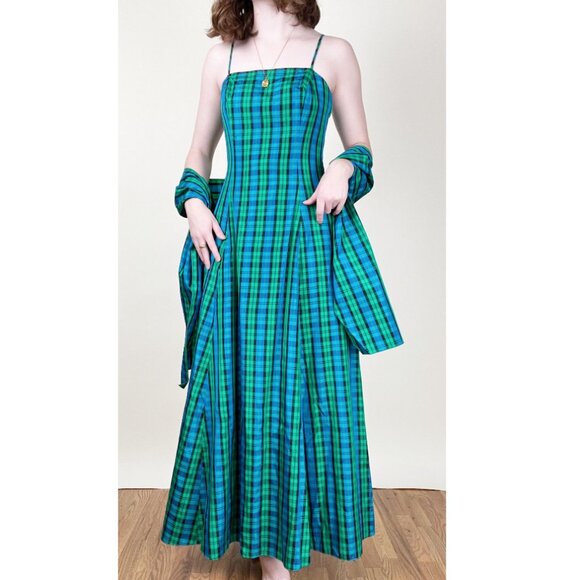 Vintage Plaid Gown Maxi Dress Princess Formal Dance Prom Gala Evening Wear Fancy - Picture 8 of 8